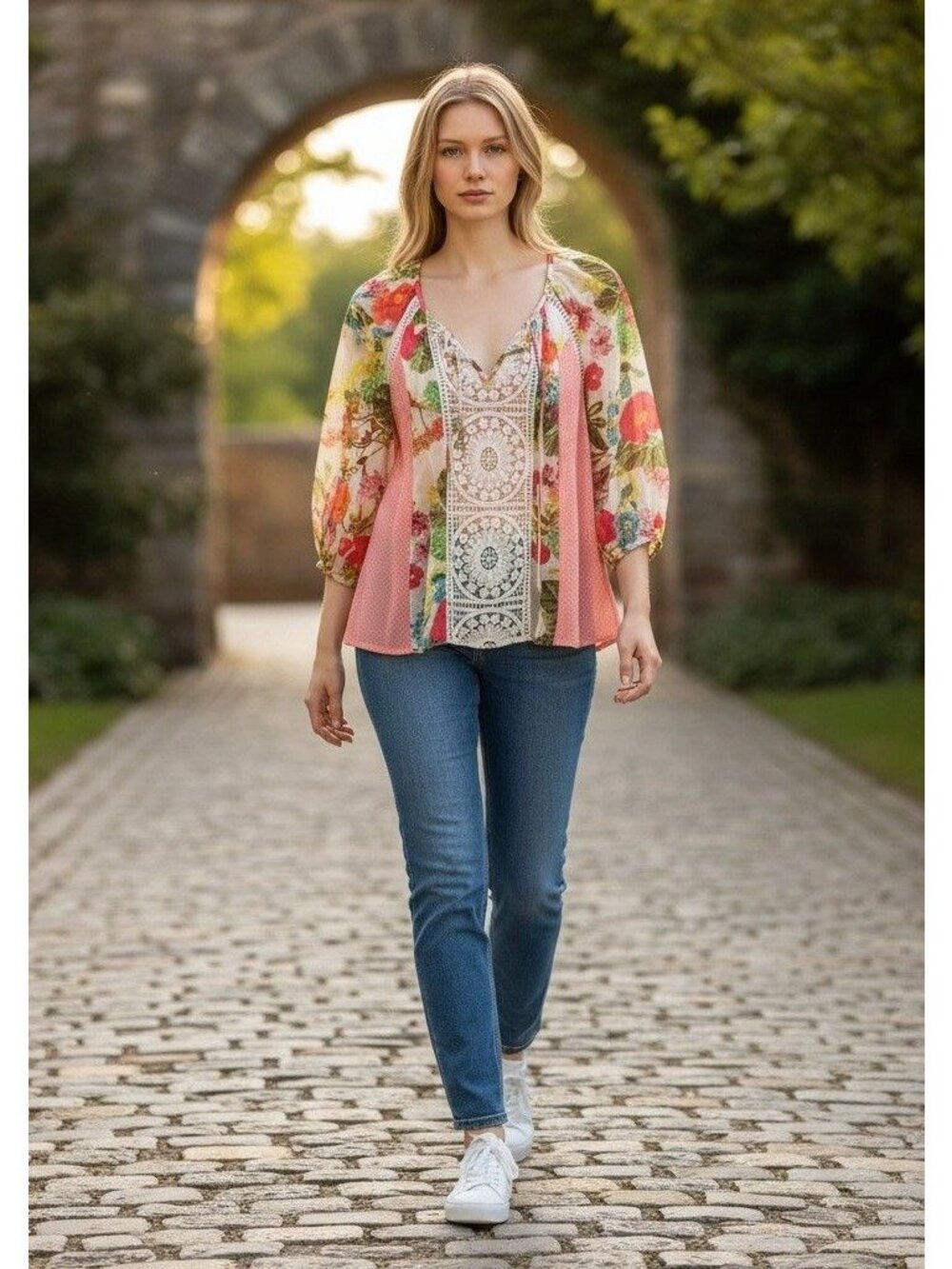 Meadow Rue Floral Crochet Blouse XS Boho Pink Green Sheer 3/4 Sleeve Top